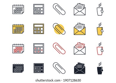 área de trabajo de oficina e icono de conjunto de área de trabajo. Ilustración vectorial de símbolo de Office y Business Pack.