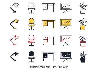 área de trabajo de oficina e icono de conjunto de área de trabajo. Ilustración vectorial de símbolo de Office y Business Pack.