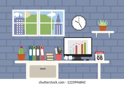 Office Workspace Workplace Table Computer Business Flat Design