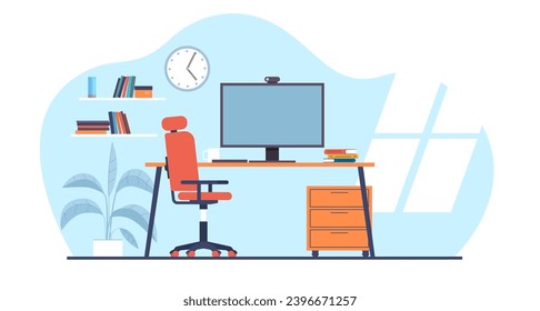 Estación de trabajo de Office con escritorio, silla y computadora. No Hay Gente. Trabajos temporarios o de estudio en el lugar de trabajo. Mobiliario moderno. Pantalla de portátil vacía. Concepto de vector aislado plano de dibujos animados