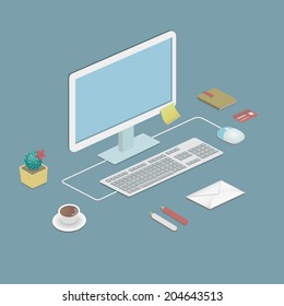 office workstation in flat style with a desktop computer mouse and keyboard flower  book stick envelope with paper and a cup of coffee vector illustration