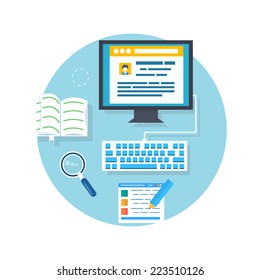 Office workstation in flat style with a desktop computer monitor and keyboard magnifying glass book stick envelope with paper