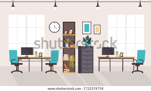 Office workstation furniture\
interior concept. Vector flat graphic design cartoon\
illustration