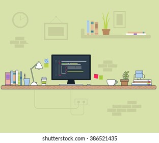 Office workstation vector illustration. Thin line flat of programmer workspace with desktop compute. Creative room with flat minimalistic equipment.