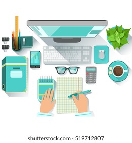 Office Worplace With Utilities And Stationary Including Computer, Coffee Cup, Glasses And Papers