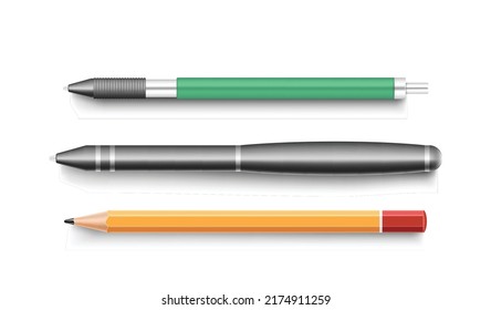 Office writing items. Realistic modern ball point pen and pencil with eraser set isolated on white background. School equipment for class stationery. Vector illustration