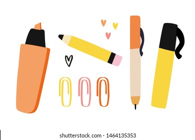 Office writing supplies clipart set. School supplies, pen, pencil with eraser, marker, paperclips in fall warm orange, pink and yellow colors.   