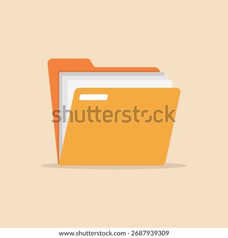 Office yellow folder icon. File folder containing documents. Vector illustration.