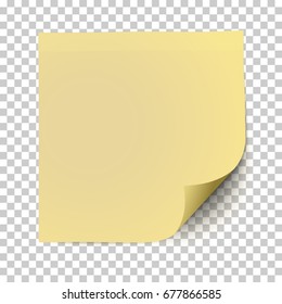 Office yellow paper sticker with shadow and curled corner isolated on a transparent background. Template vector post note.