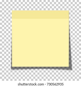 Office yellow paper sticky note glued to the surface isolated on transparent background. Vector paper template.