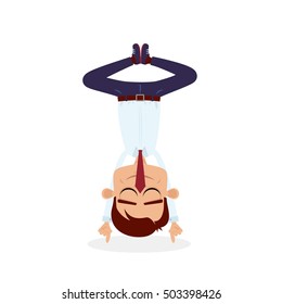 Office yoga. Businessman with closed eyes standing upside down on his head on the index fingers of his hands. Vector cartoon flat character on white background.