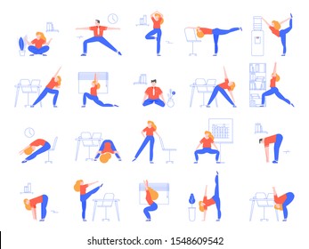 Office yoga exercises. Fitness and yoga workout for office workers, relaxing and stretching in office space vector illustration set. Asana practice at workplace. Meditation, zen, healthy lifestyle