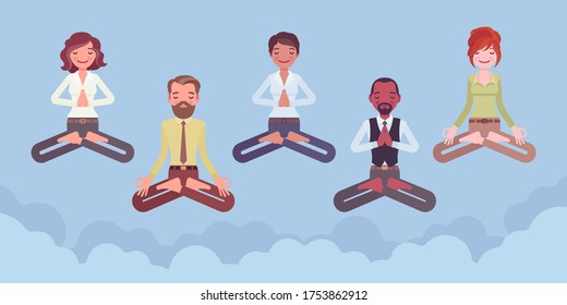 Office yoga group of business people practicing meditation, floating in calm sky, doing Padmasana pose, Lotus exercise, yogic restorative technique at work. Vector flat style cartoon illustration