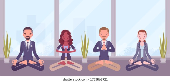 Office yoga group of business people practicing meditation in Padmasana pose, Lotus exercise, yogic relaxation techniques for physical, mental health at work. Vector flat style cartoon illustration