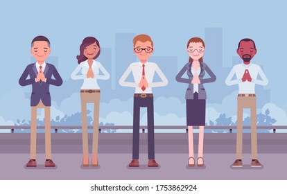 Office yoga group of business people doing Namaste hand gesture, Mudra pose, bowing in greeting, yogic relaxation techniques for physical, mental health at work. Vector flat style cartoon illustration