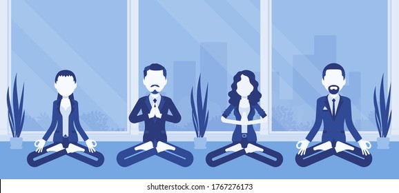 Office yoga group of business people practicing meditation in Padmasana pose, Lotus exercise, yogic relaxation techniques for physical, mental health at work. Vector creative stylized illustration