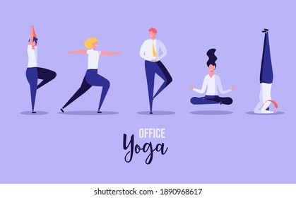 Office yoga illustration. Business people doing yoga in office on background. Teamwork. Concept of meditation, concentration and yoga in office work place. Modern vector illustration for web banner.