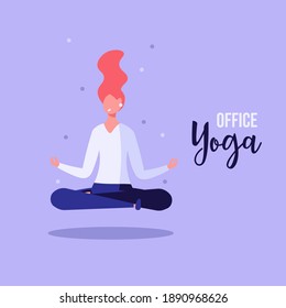 Office yoga illustration. Business woman doing yoga in office on background. Concept of meditation, concentration and yoga in office work place. Modern vector illustration for web banner.