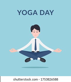 Office Yoga, International Yoga Day, Businessman meditating, Meditation, Employee doing Yoga