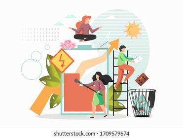Office yoga and meditation, vector flat illustration. Girl taking rest, meditating sitting in lotus yoga pose, getting energy like charging battery, man throwing computer briefcase in office waste bin