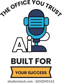 The office you trust is built for your success. A microphone is on the logo. The microphone is blue and white