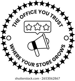 O Office You Trust é uma empresa que fornece revisões para lojas. O logotipo apresenta um microfone e três estrelas, simbolizando o compromisso da empresa em fornecer feedback honesto e útil