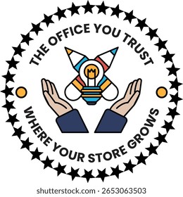 The Office You Trust logo is a circle with two hands holding a light bulb. The logo is meant to represent the idea of growth and progress