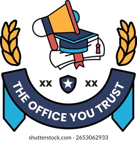 The Office You Trust is a logo for a company. It features a microphone, a book, and a graduation cap. The logo is blue and white