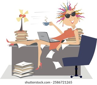 Office. Young woman lays on the table with a cup of coffee or tea. Business woman in the office lies on the table surrounded the piles of documents, laptop, fan and takes a delight from the fresh air