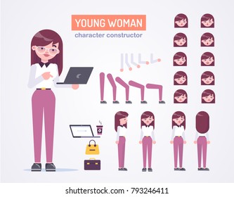 Office young womanl character with various views, face emotions, poses, with glasses, laptop and bag .Front, side, back view animated character. Vector clip art