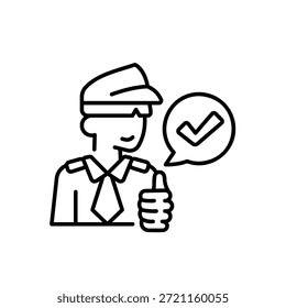 Oficial de aduanas aprobado con pulgares hacia arriba e icono de marca de verificación para el estilo de línea de autorización comercial Fondo blanco aislado