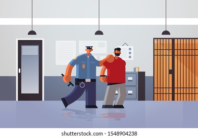 officer arrested criminal policeman in uniform holding caught suspect thief security authority justice law service concept modern police department interior flat full length horizontal vector