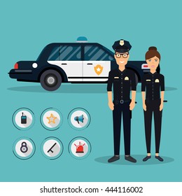 Officer characters with police car vehicle in flat design. Policeman and policewoman. Security elements of  equipment symbols vector icons.