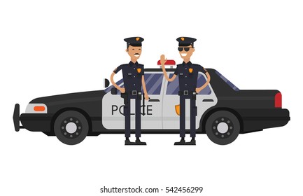 Officer characters with police car vehicle. Police officers in uniform