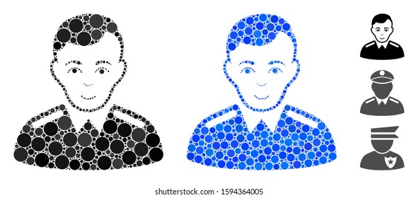 Officer composition of spheric dots in various sizes and color tints, based on officer icon. Vector round dots are united into blue composition. Dotted officer icon in usual and blue versions.