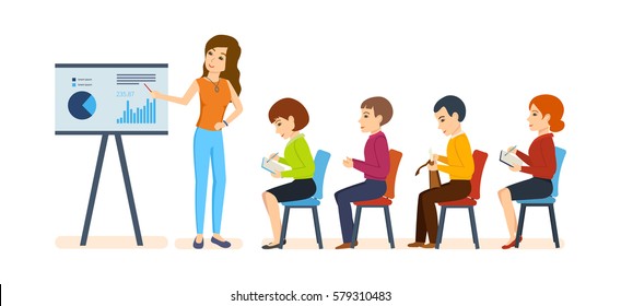 Officer conducts thematic conferences and seminars on financial matters for an audience of colleagues and partners. Vector illustration. Can be used in banner, mobile app.