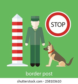 Officer custom control. Customs officer with the dog at the customs post. Concept in flat design