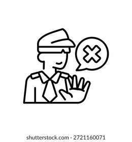 Declive del oficial de aduanas Icono de marca de cruce de mano para el estilo de línea de rechazo comercial Fondo blanco aislado