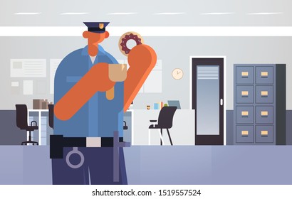 officer with donuts and coffee policeman in uniform having lunch security authority justice law service concept modern police department interior flat full length horizontal