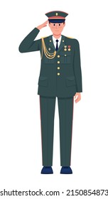 Officer in full dress uniform saluting semi flat color vector character. Standing figure. Full body person on white. Military simple cartoon style illustration for web graphic design and animation