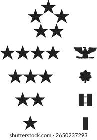 Officer and general military ranks from lieutenant to the most senior general, icons of officer ranks in the army, navy, air force and other military formations, black silhouettes.