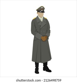 Officer of the German Army of the 1941-1945 war. He is dressed in a leather raincoat and a cap. He stands with his hands in front of him in leather gloves.