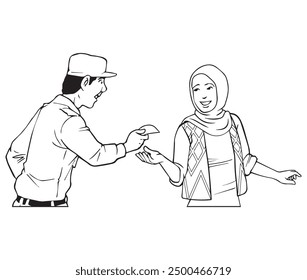An officer gives something to a Muslim woman. Illustration in black and white and vector format. Please note that this illustration is not AI Generated content.