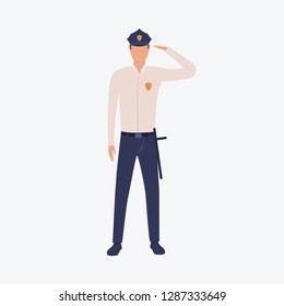 Officer with greeting sign. Detective, professional, social service. Can be used for topics like government, federal law, legal service