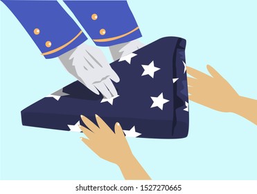 An officer hands in a folded American flag to a family member who was killed in action or a veteran. Editable Clip Art. 