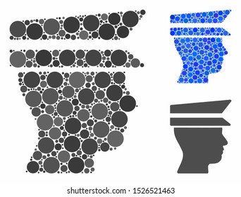 Officer head composition for officer head icon of round dots in various sizes and color tinges. Vector round elements are combined into blue composition.