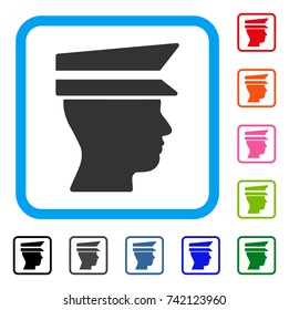 Officer Head icon. Flat gray pictogram symbol inside a light blue rounded rectangle. Black, gray, green, blue, red, orange color additional versions of Officer Head vector.