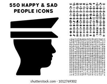 Officer Head pictograph with 550 bonus pity and happy people images. Vector illustration style is flat black iconic symbols.