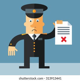 officer   holding checklist with X sign. Flat vector illustration