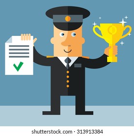 officer  holding winning trophy and check list.  Flat vector illustration
